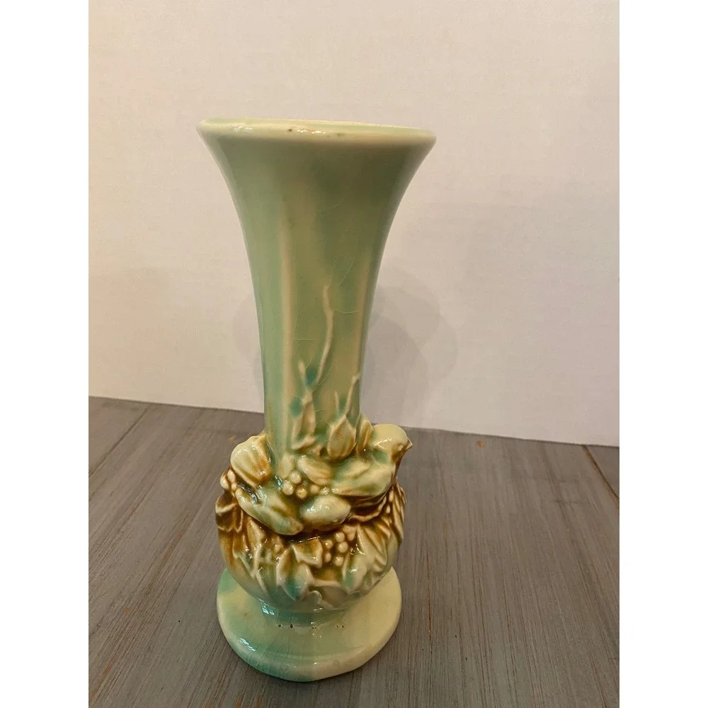 Vintage McCoy Bird and Nest Ceramic Bud Vase Celadon Green Brown Drip Glaze